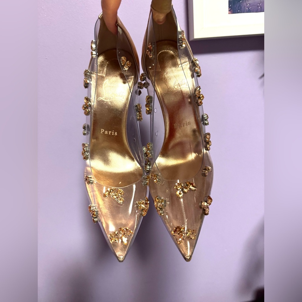 Christian Louboutin Clear Degraqueen Rose Gold Jeweled PVC Pointed-Toe Pumps - Picture 17 of 17